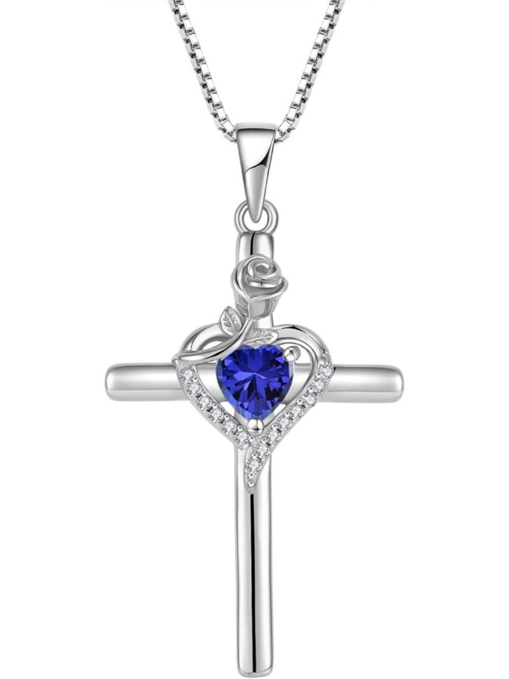 Women’s Blue Fashion 925 Sterling Silver Cross Rose Flower Birthstone Necklace